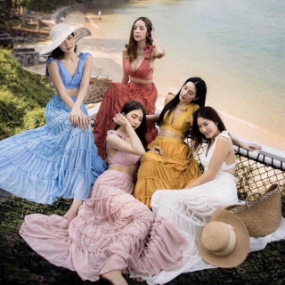 [Hàng sẵn🎃] Váy maxi đi biển hở lưng thắt nơ phối bèo chân váy, váy du lịch - M11