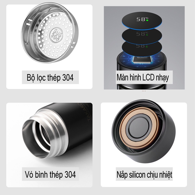 Bình giữ nhiệt 500ml hoàn toàn bằng inox 304 có hiển thị nhiệt độ , lớp sơn chống trầy xước