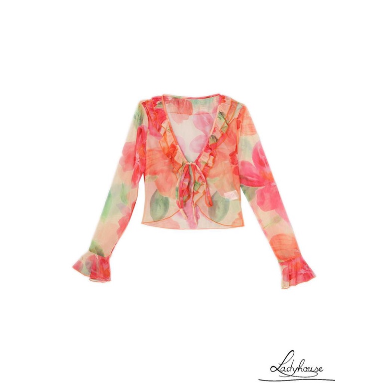 Áo Khoác Cardigan Xuyên Thấu In Họa Tiết Hoa Màu Cam Cho Nữ