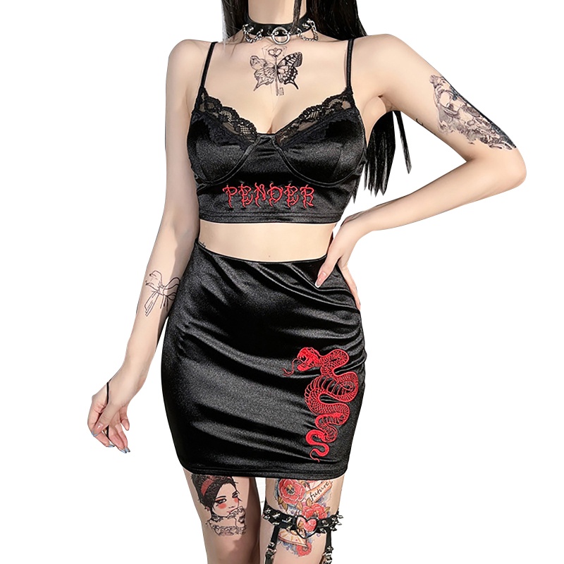 Brroa Set Áo Croptop 2 Dây In Chữ + Chân Váy Ôm Dáng Họa Tiết Da Rắn Quyến Rũ Cho Nữ
