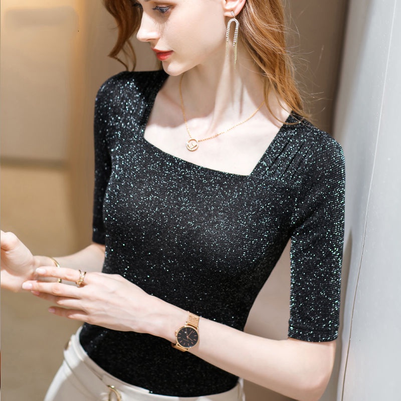 Áo Thun Tay Lửng Cổ Vuông Phối Lưới Thời Trang Cho Nữ