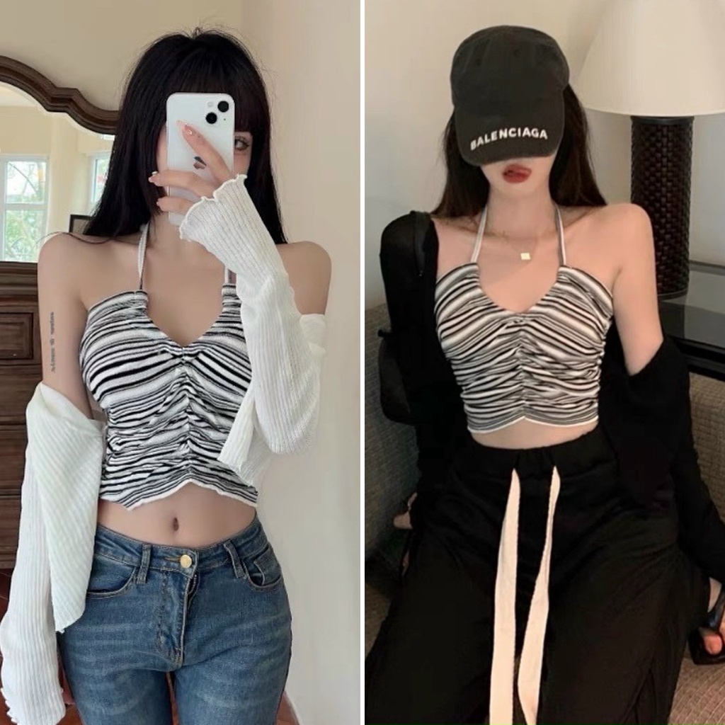 Set áo yếm kẻ ngang kèm áo choàng cardigan mỏng lửng