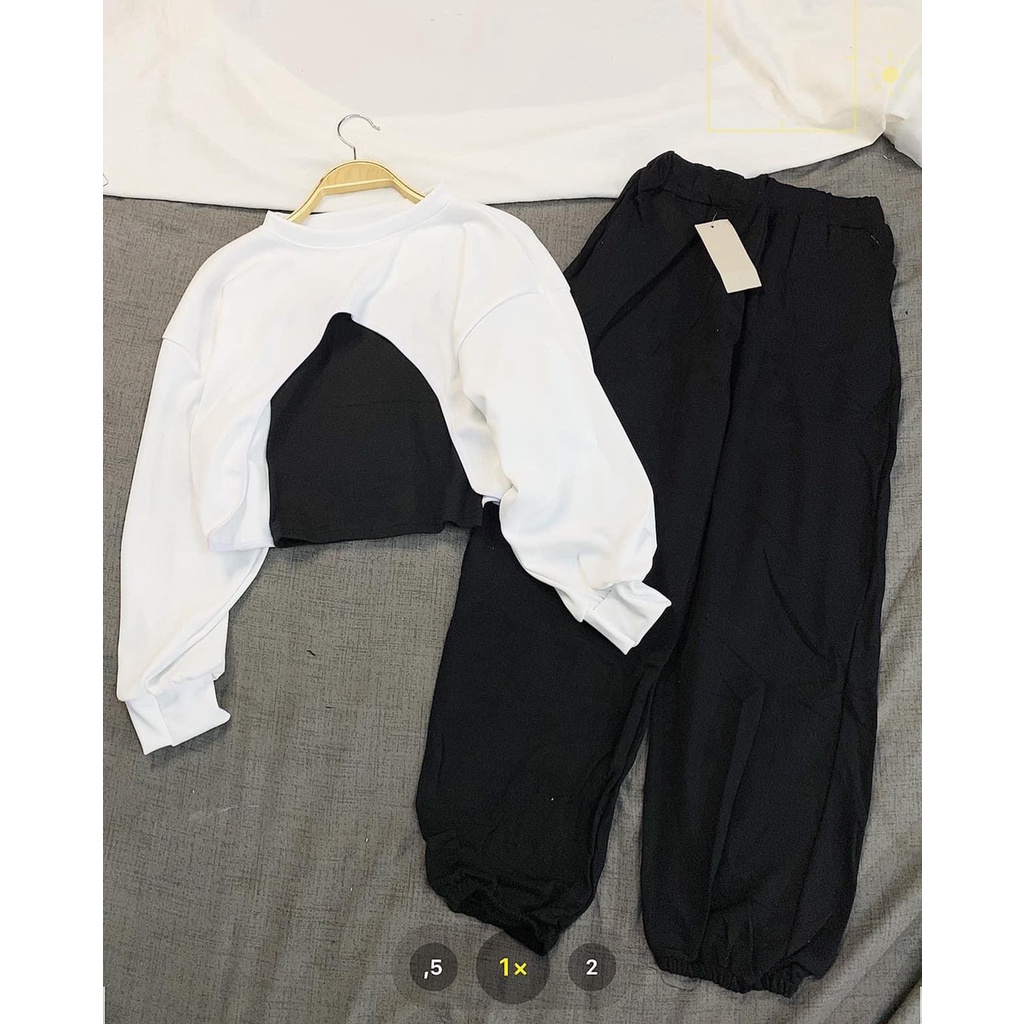 Bộ Crt Set 3: Quần Bo Chân - 1 Áo 2 Dây- 1 Áo Crotop Tay Bồng -Set Đi Chơi Phong Cách Trẻ Trung Ulzzang