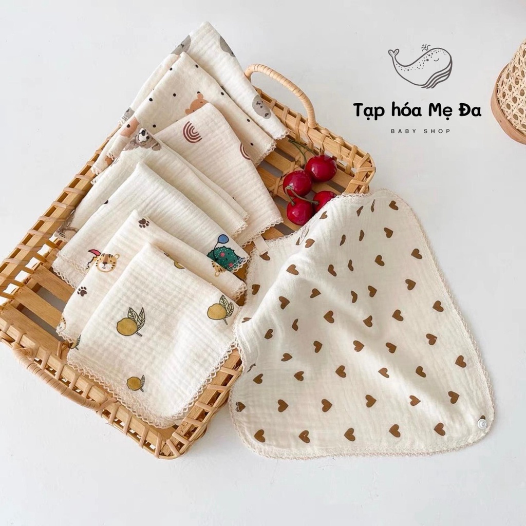 Khăn yếm/khăn sữa đa năng 2 trong 1 vải xô muslin cao cấp 4 lớp họa tiết gấu/hoa vintage Hàn Quốc cho bé