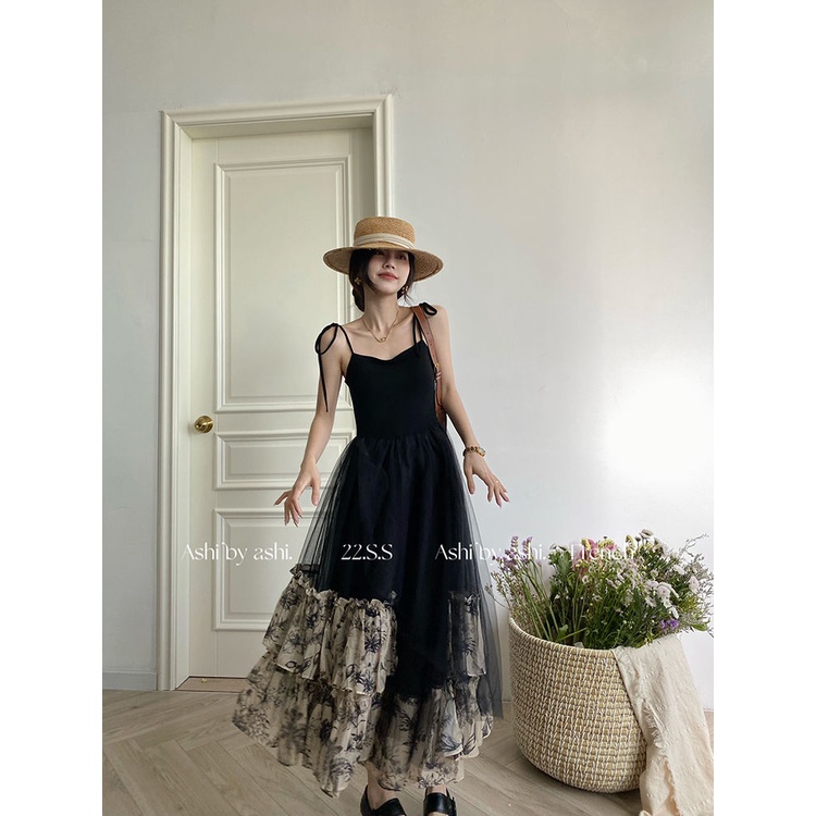 Đầm Lửng Hai Dây Màu Đen Phong Cách retro Pháp Thời Trang Mùa Hè Quyến Rũ Dành Cho Nữ