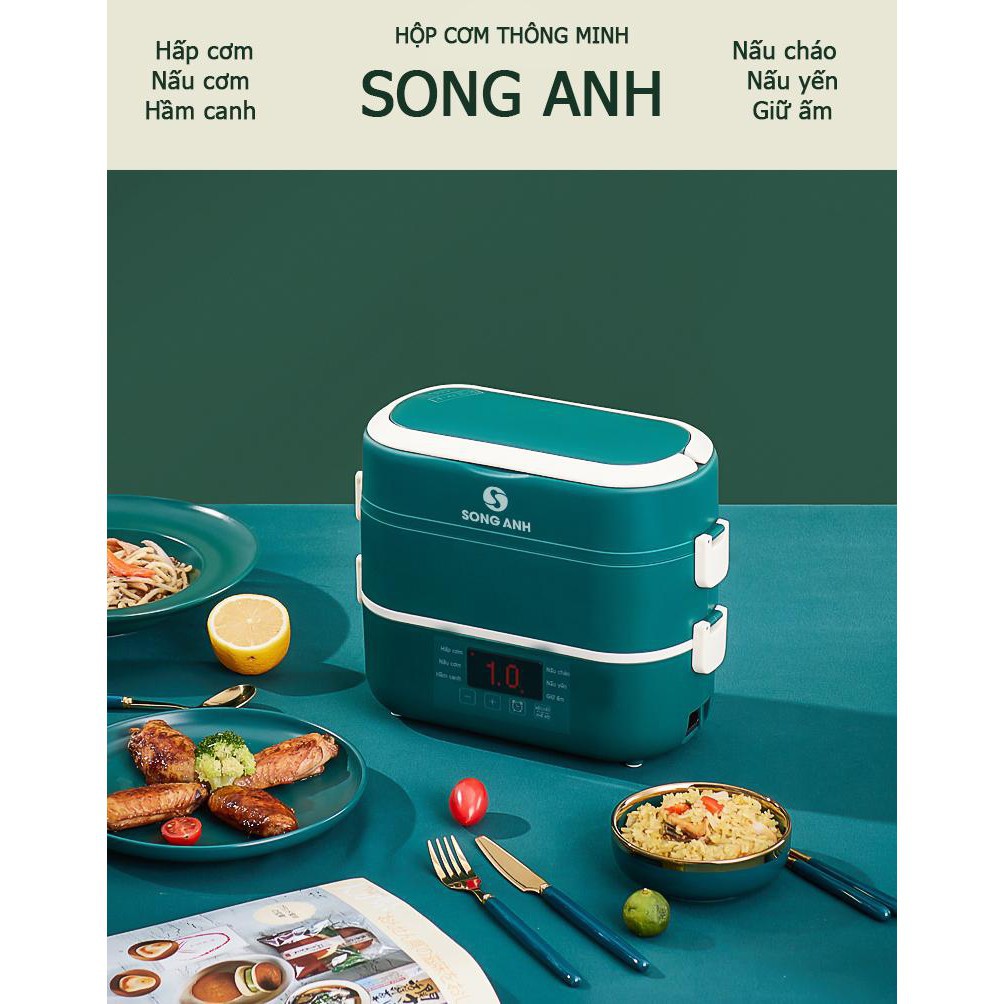 Hộp Cơm Văn Phòng 2 Tầng Kèm 4 Bát Sứ Cao Cấp, Nồi Cơm Điện Mini SONG ANH - SA18