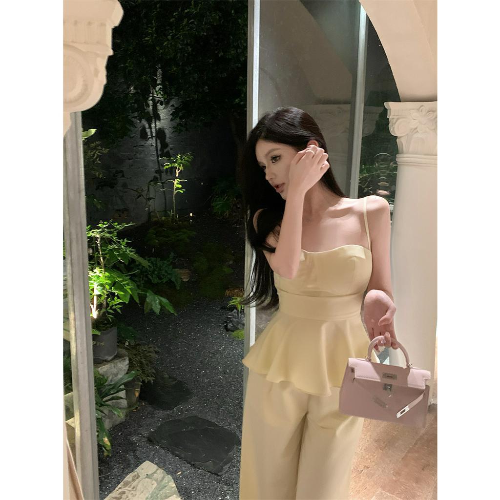 Set Áo Hai Dây + Quần Dài Ống Rộng Lưng Cao Thời Trang Cho Nữ