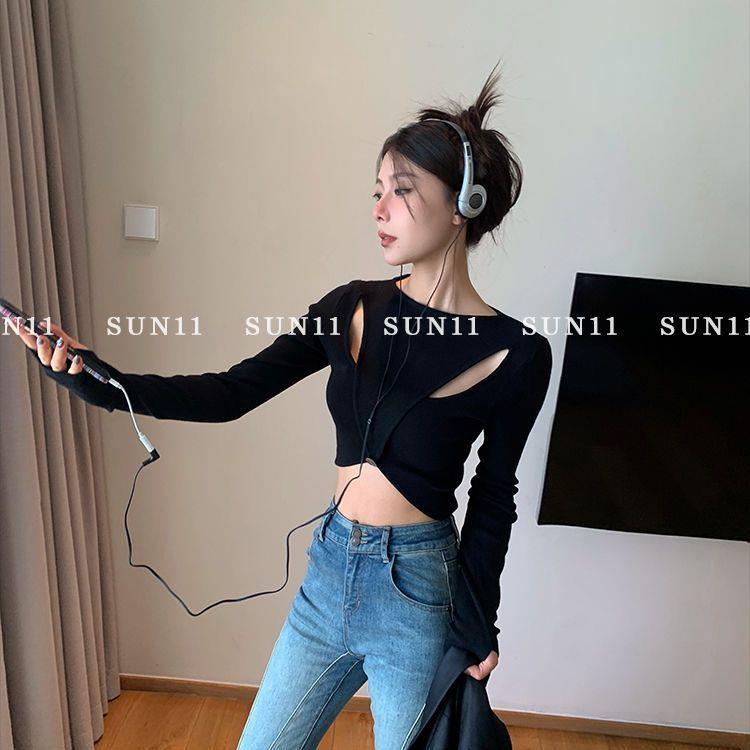 Áo Thun Tay Dài Cổ Tròn Dáng Ngắn Thời Trang Hàn Quốc