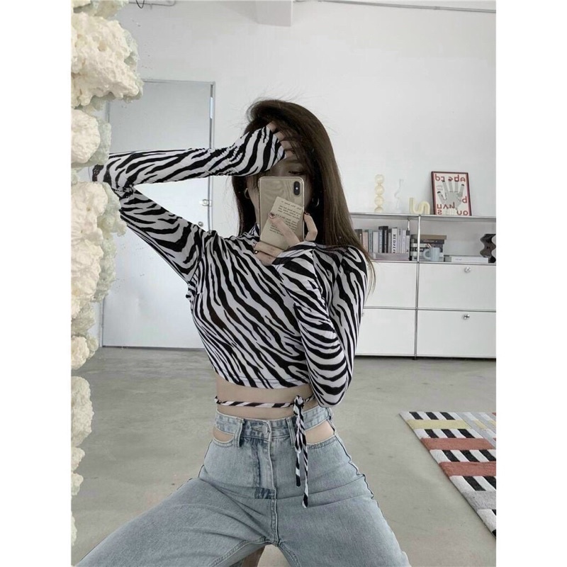 Hàng mới áo crotop dài tay lưng trần cos có mút ngực hoạ tiết ngựa vằn