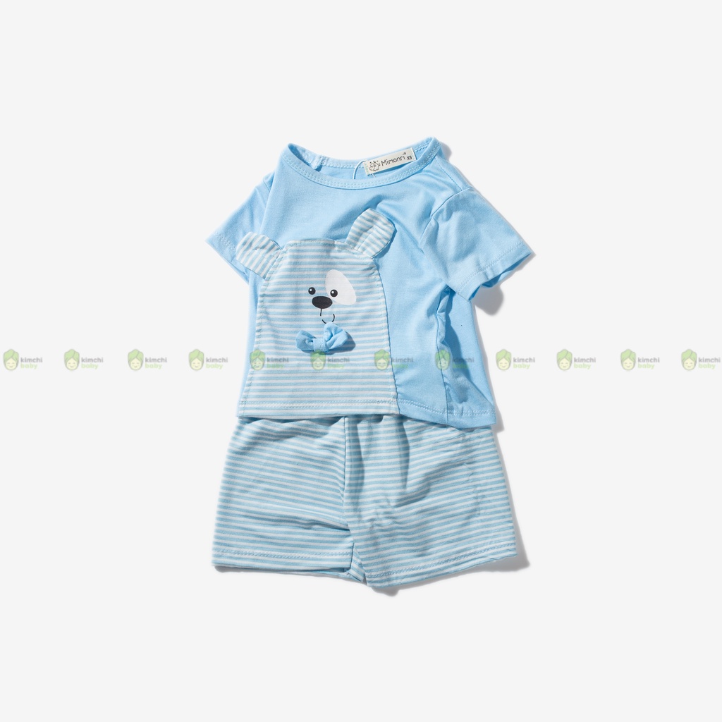 Bộ Cộc Tay Cho Bé Trai, Bé Gái KIMCHIBABY Vải Thun Lạnh Hoạ Tiết Gấu Kẻ Đính Nơ, Bộ Quần Áo Trẻ Em Mặc Nhà KW2212