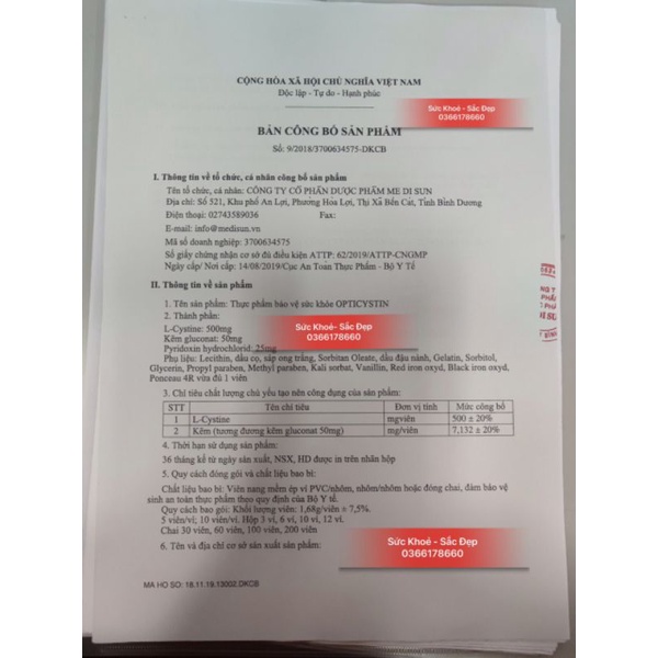 VIÊN UỐNG MỌC TÓC ĐẸP DA OPTICYSTIN Hộp 60 Viên