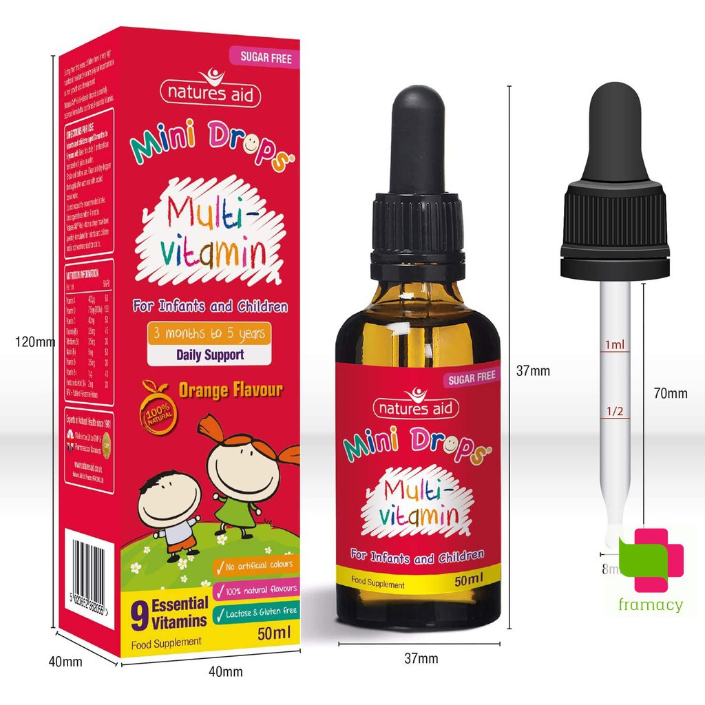 Vitamin tổng hợp Natures Aid Multivitamin Drops, Anh (50ml dạng giọt) tăng đề kháng cho bé từ 3 tháng tuổi đến 5 tuổi