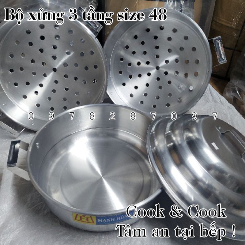 [CHÍNH HÃNG] Bộ xửng hấp 3 tầng size 48 cm nhôm Mạnh Hùng chuyên hấp bánh bao/ hải sản/ rau củ