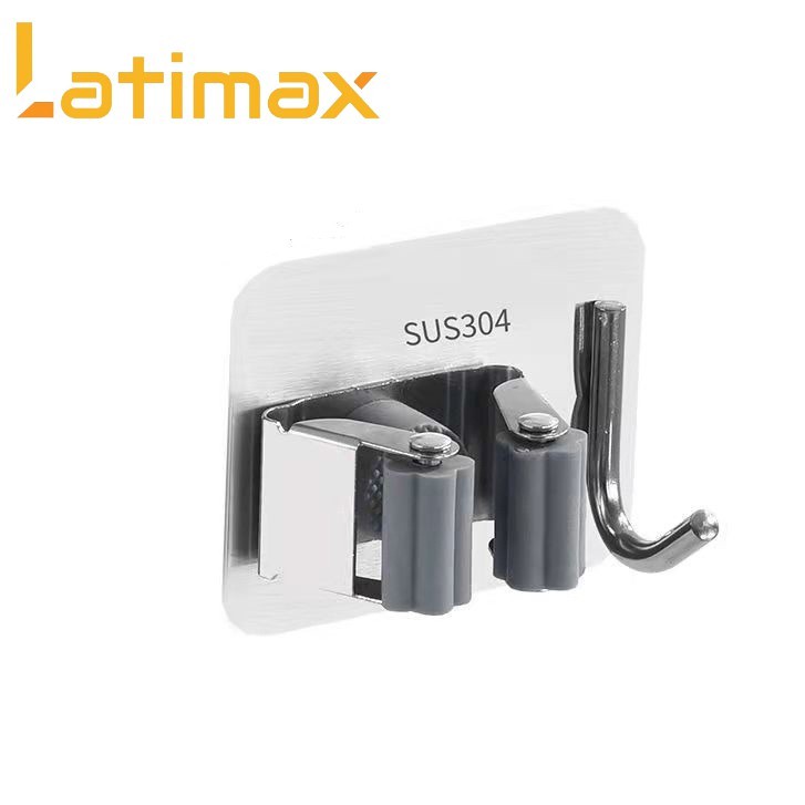 Móc treo cán chổi lau nhà dán tường kèm móc treo đồ Latimax chất liệu Inox 304 cao cấp