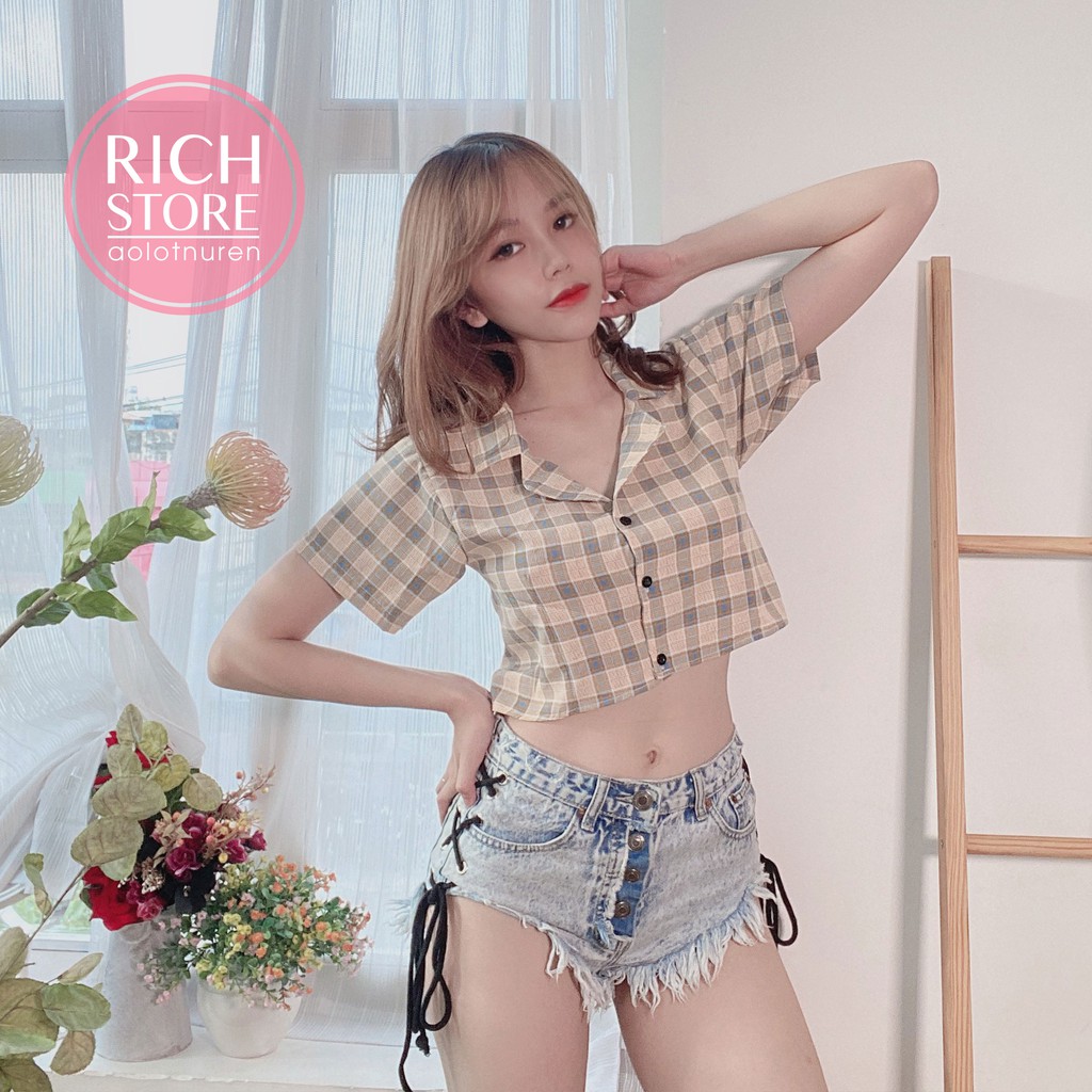 Áo croptop sơ mi kẻ sọc caro 9 màu LIKANO CRT62