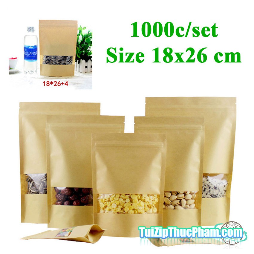 1000 cái túi zipper size 18x26cm, túi zip giấy kraft vàng có cửa sổ, túi zipper đựng thực phẩm chất lượng cao giá sỉ