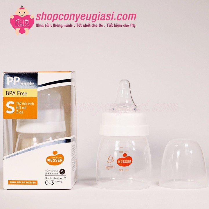 Bình Sữa Wesser PP Cổ Hẹp 60ml - Kèm Núm Ti Size S, 0-3m - Màu Ngẫu Nhiên