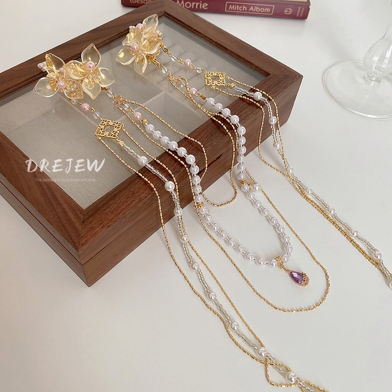 DREJEW Kẹp tóc hình hoa đính đá ngọc trai phối tua rua dáng dài thời trang sáng tạo cho nữ