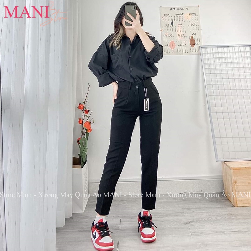 Quần tây baggy nữ cạp cao ống suông dáng đứng màu xanh đen vải mưa dày dặn mặc đi học sinh cấp 2 3 làm công sở đều đẹp