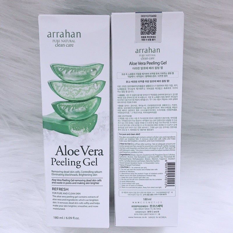 CHÍNH HÃNG -  Tẩy tế bào chết làm sạch và trắng sáng da chiết xuất từ lô hội Arrahan Aloe Vera Peeling Gel 180ml - Hàn Q