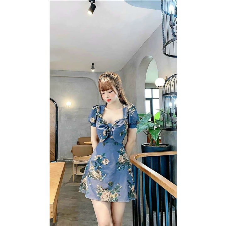 Đầm nơ ngực họa tiết hoa Vintage, ĐẦM HỌA TIẾT NƠ NGỰC
