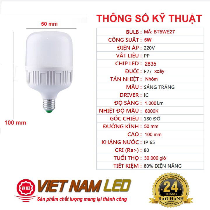 Bóng đèn led trụ 5W, 15W, 30W, 40W, 50W, 60W, bóng led bulb, chính hãng