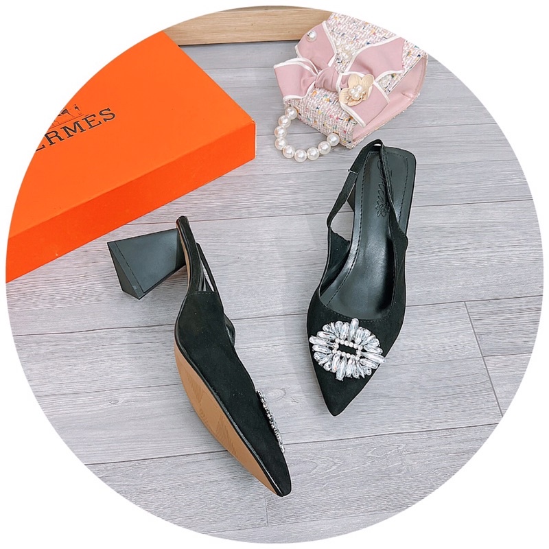Giày sandal nữ cao gót tam giác 5cm mũi nhọn da lộn tag tròn đá trắng