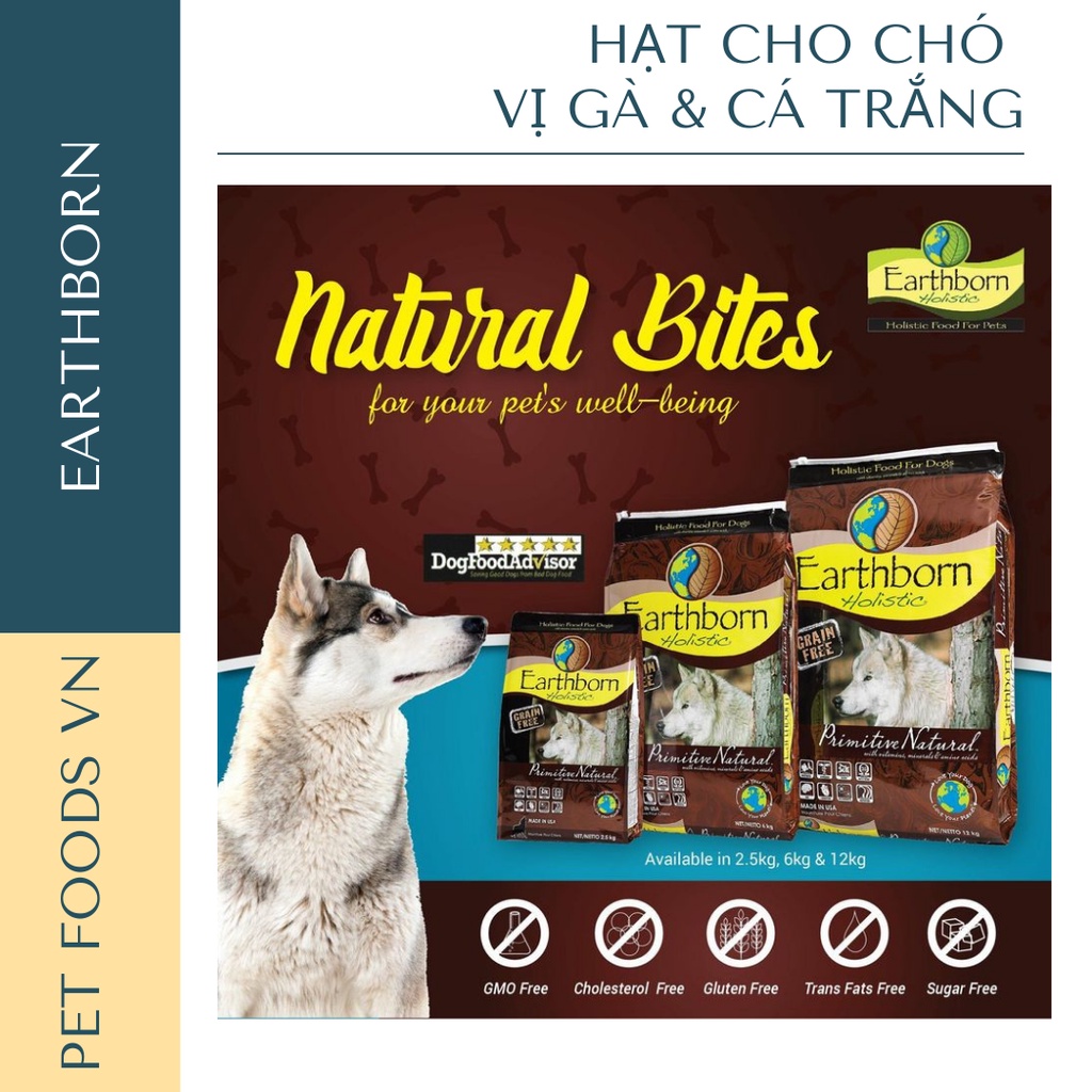 Hạt cho chó EARTHBORN Primitive Natural 2,5kg vị Gà &amp; Cá Trắng