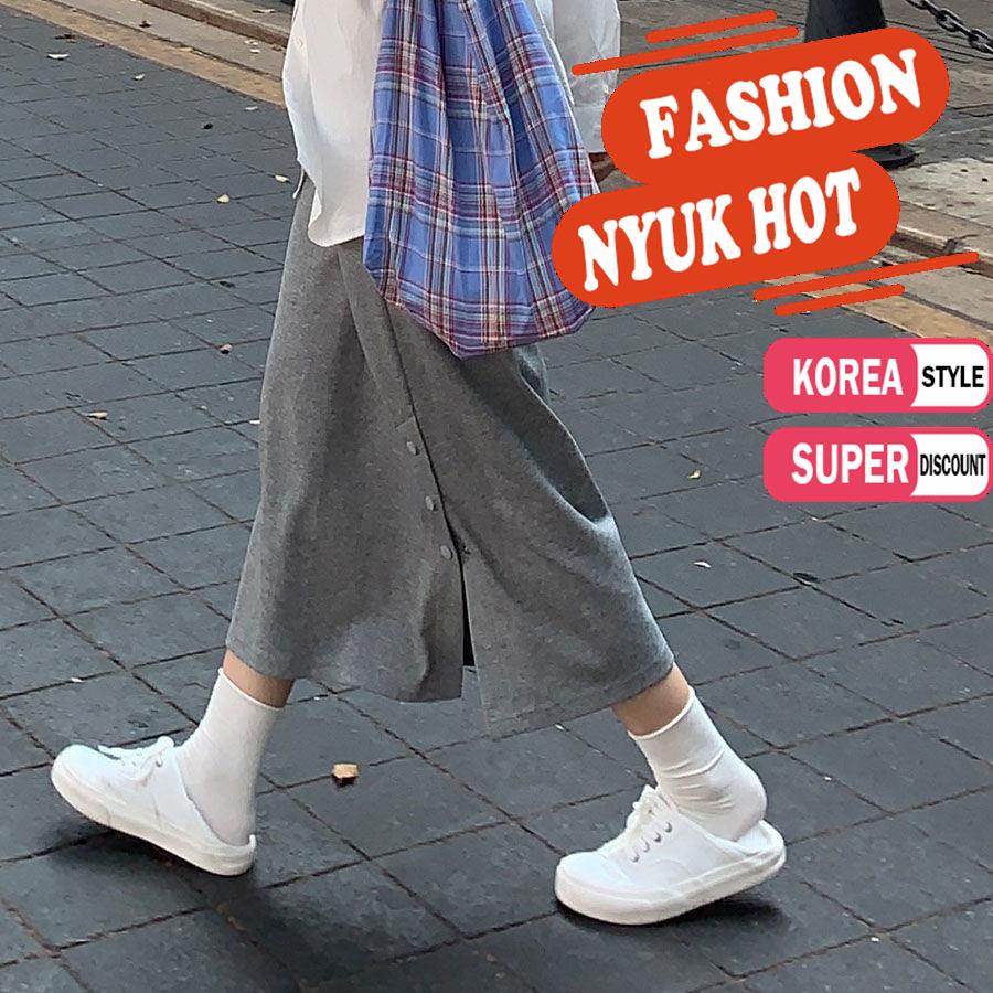 Chân váy dài lưng cao xẻ tà màu xám phong cách Harajuku thời trang cho nữ