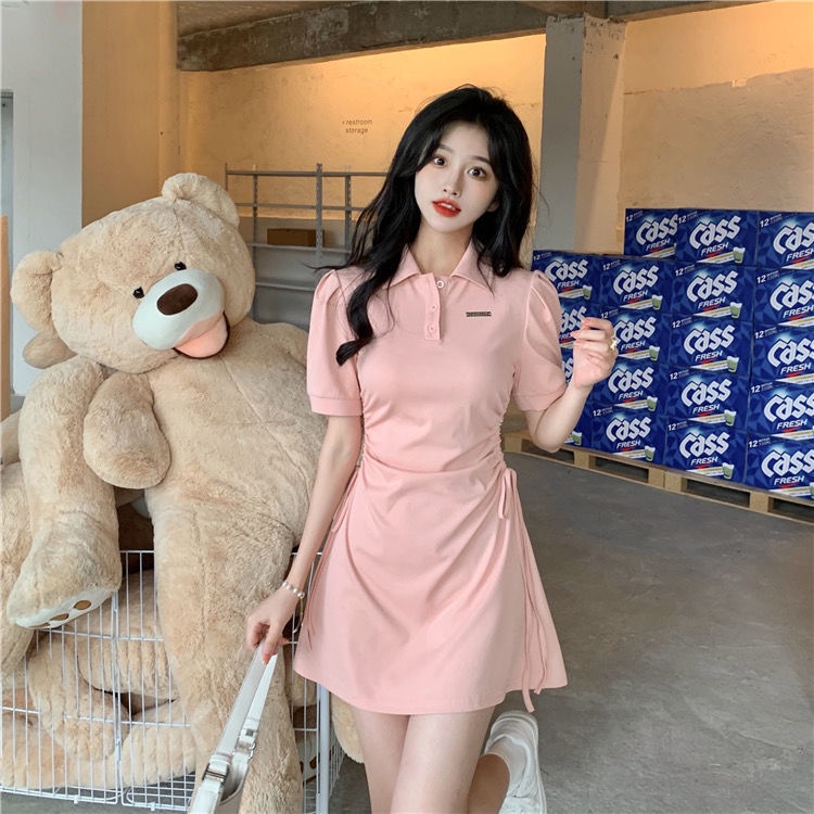 AMOI Đầm Ngắn Tay Cổ Polo Phối Dây Rút Thời Trang 2022 Dành Cho Nữ