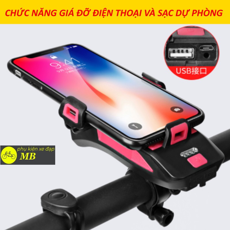 đèn còi xe đạp siêu sáng sạc usb tính năng 4 trong 1 ( đèn, còi, giá đỡ điện thoại, sạc dự phòng) chống nước tuyệt đối