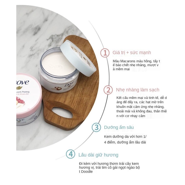 Kem Dove tẩy tế bào chết chiết xuất Macadamia / trái cây làm trắng và trẻ hóa 298g