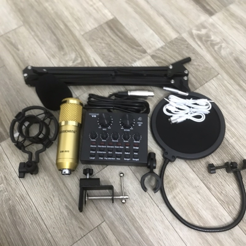 combo bộ míc thu âm livestream hát karaoke online micro BM-800 CARD V8 bluetooth chân kep màng lọc