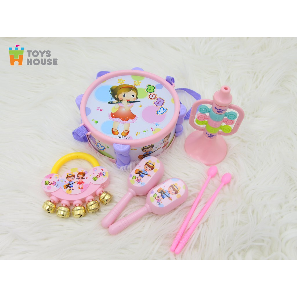 Set đồ chơi Xúc xắc, lục lạc, kèn, trống Toyshouse dành cho bé từ sơ sinh TH1220-733A giúp bé phát triển thính giác
