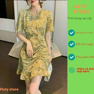 [folow giảm 10%] váy hoa nhí dáng đuôi cá tay lở rút dây eo cổ chữ V màu vàng hoa xanh có ảnh thật TH12 thời trang HATY