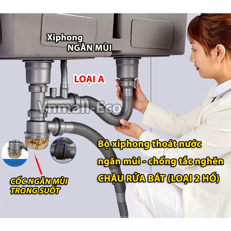 Bộ xiphong thoát nước ngăn mùi chống tắc nghẽn bồn rửa bát