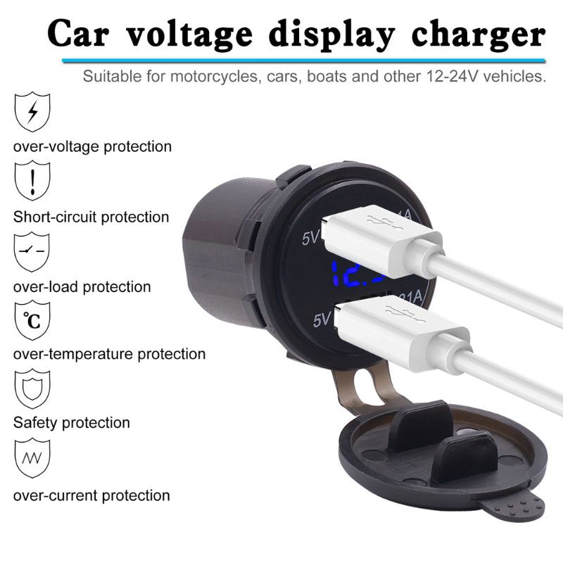 12V 24V Waterproof 2.1A Dual USB Port Car Charger With LED Voltmeter Mobile Phone Charging Power Outlet Adapter For Car Marine ATV Boat Motorcycle Truck  