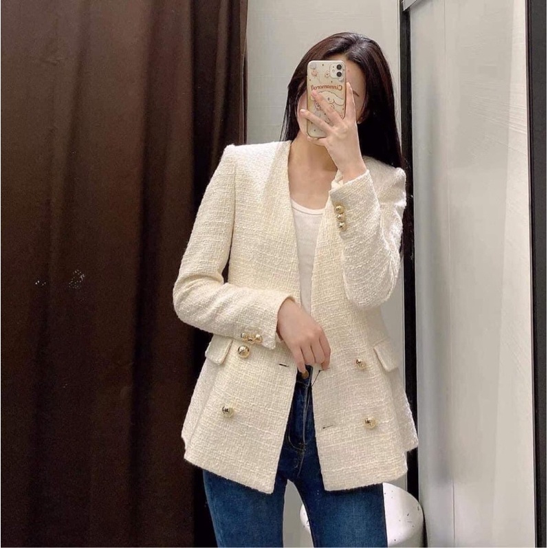 Blazer zara chuẩn auth size s dạ tweed trắng kem