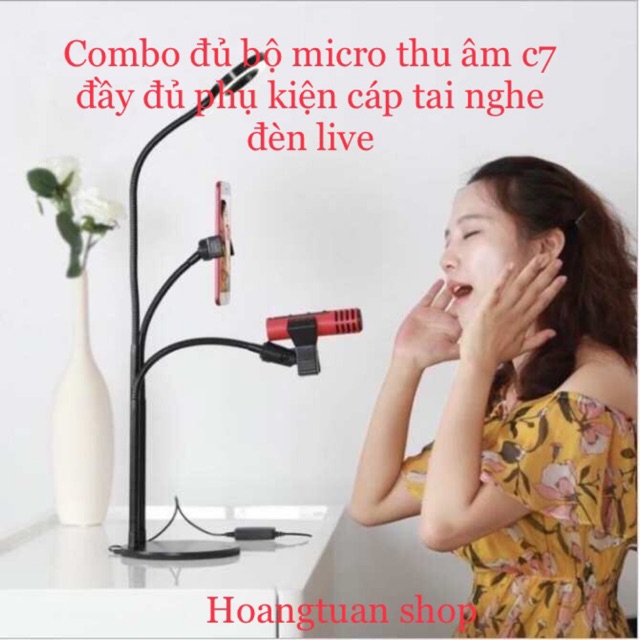 [Combo] Bộ hát karaoke, live tream trên điện thoại ( Chân đế kẹp mic 3in1 có đèn Led + Micro C7)