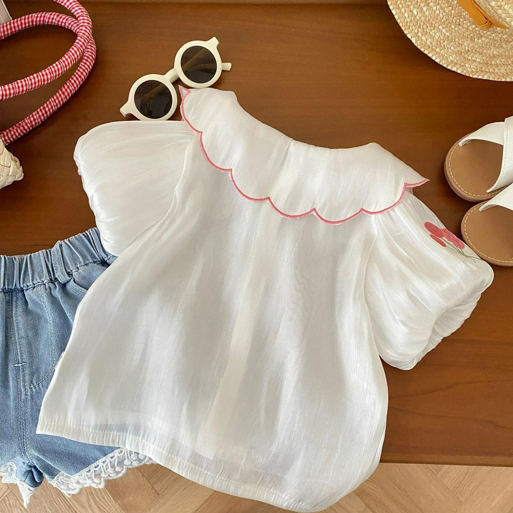 Bộ đồ bé gái mùa hè áo hoa quần denim cao cấp