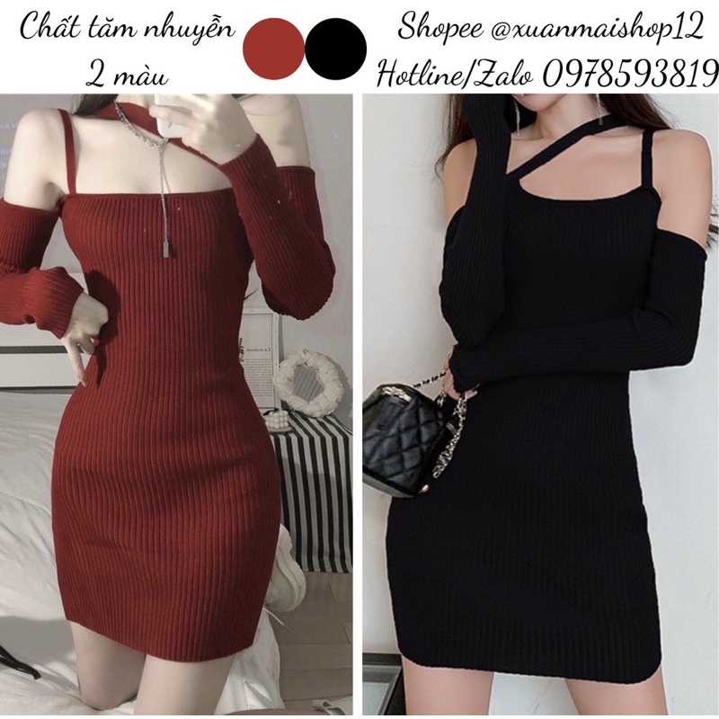 [FREESHIP] Đầm ôm body len gân cách điệu ở cổ một dây chéo màu đỏ Noel Tết kiểu dáng ulzzang ôm body siêu đẹp siêu đỉnh