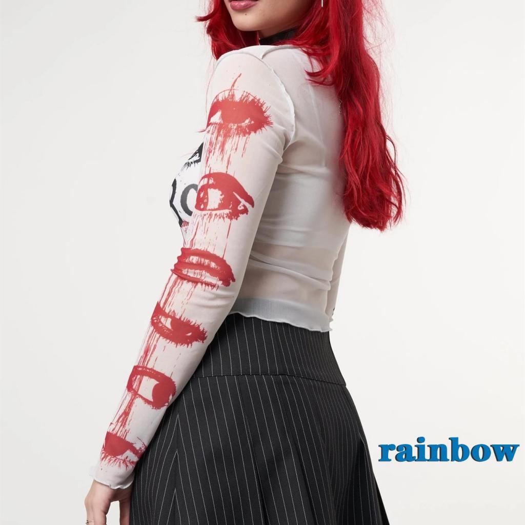 RAINBOW-Y2K E-girl Graphic Print Mesh Crop Top Harajuku Grunge Long Sleeve See Through Tees Gothic Mall Goth Crop Top
