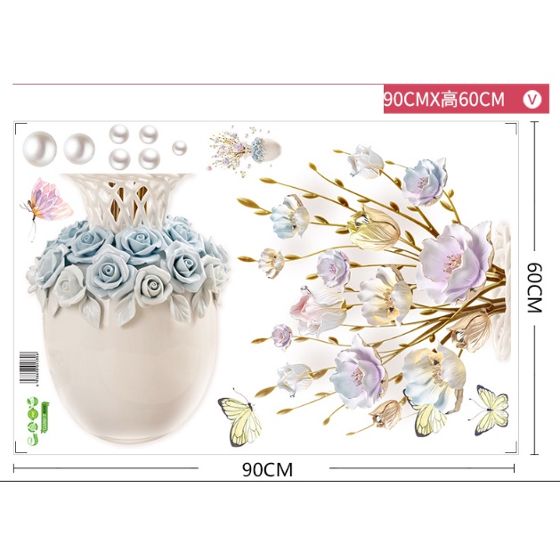 Decal giấy dán tường - bình Hoa mẫu đơn 3D sang trọng cho nhà