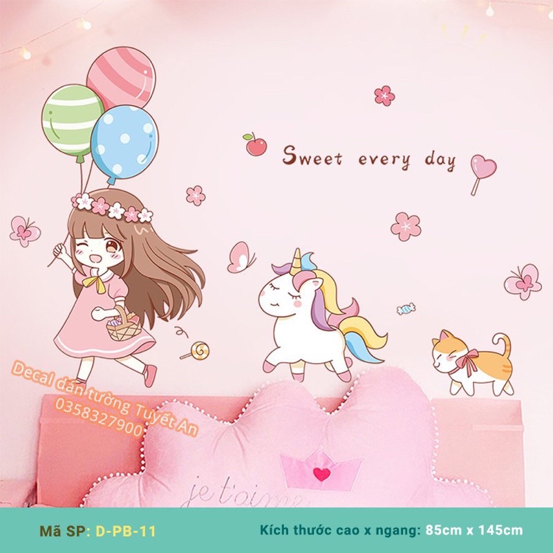 Decal cô bé ngựa hồng đáng yêu( kích thước sau dán shop ghi trên ảnh)