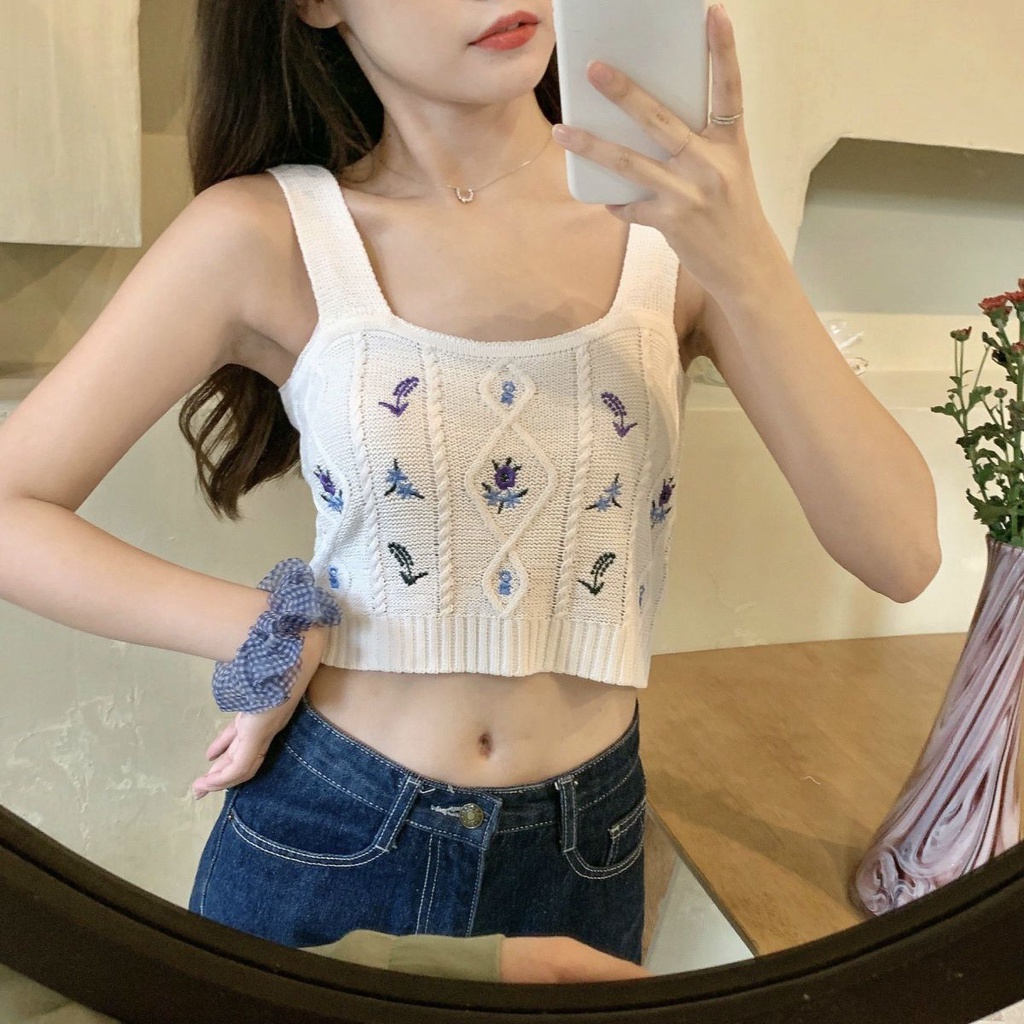 Áo Hai Dây Dệt Kim Dáng Ôm Thêu Họa Tiết Phong Cách Hàn Quốc Cổ Điển Thời Trang Cho Nữ