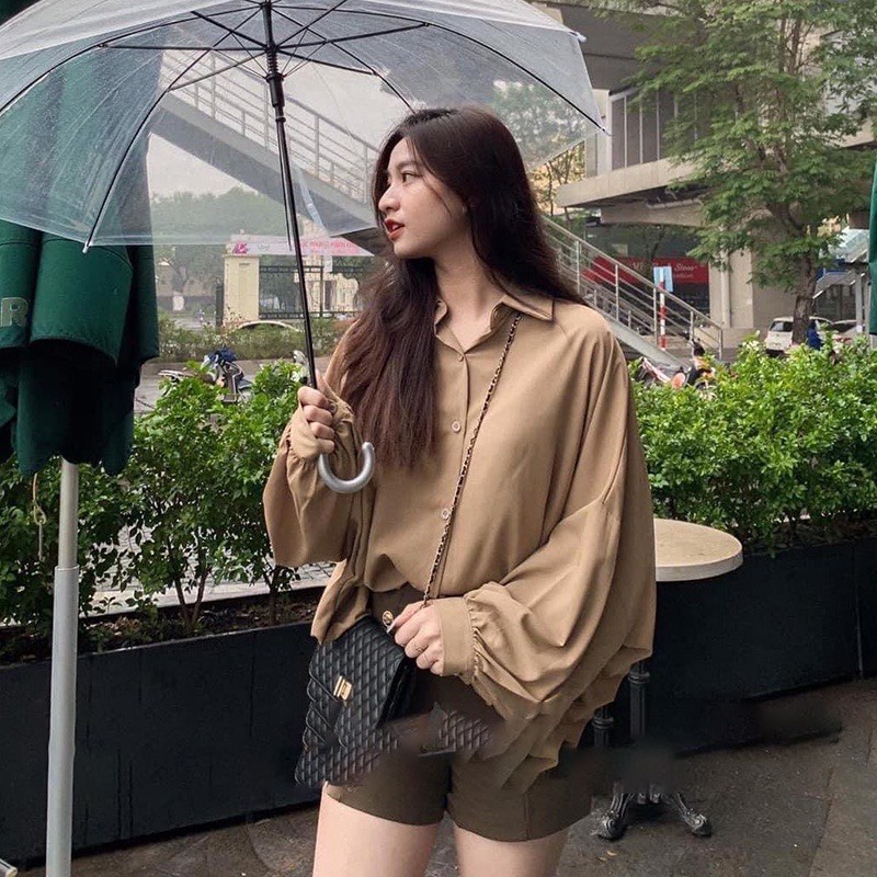 Áo sơ mi nữ LOZADO áo sơ mi tay dài phồng form thụng dáng trơn basic thoải mái dễ mặc nữ tính - A633