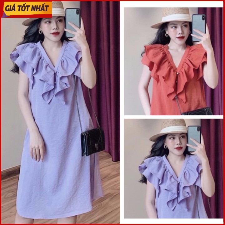 Đầm váy tím/cam đất viền bèo ngực dáng suông form rộng tay ngắn xinh đẹp thời trang nữ