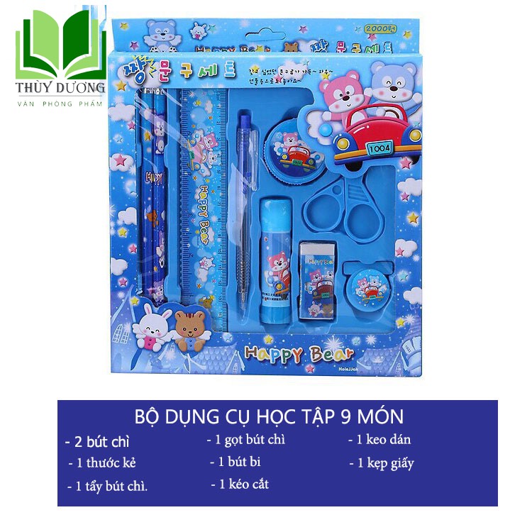 Bộ dụng cụ học tập 9 món bút bi,bút chì,thước kẻ,tẩy,kéo,gọt xoáy bút chì,keo dán giấy cực kỳ đáng yêu