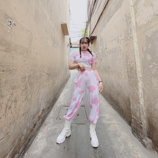 Set Bộ Bò Sữa Hồng Hot Trend Cá Tính Set Đồ Nữ Loang Màu Phong Cách Hàn Xẻng - Natthy Style