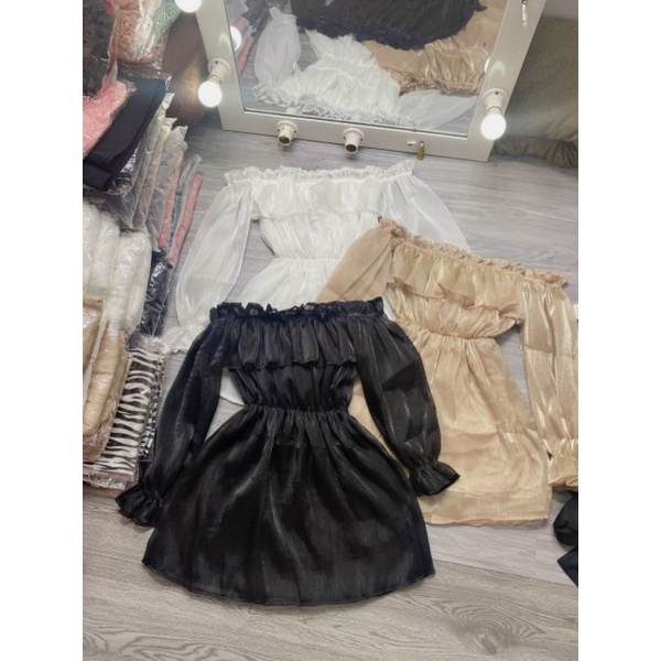 Đầm tơ gân bẹt vai tay dài bo siêu dễ thương